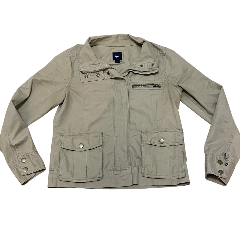Gap‎ Women's Small Utility Jacket Khaki Military Boxy Button Snap Zip Up Pockets